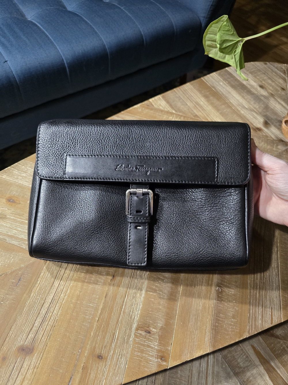 Salvatore Ferragamo Vintage Black Leather Clutch w/ CheckCheck COA